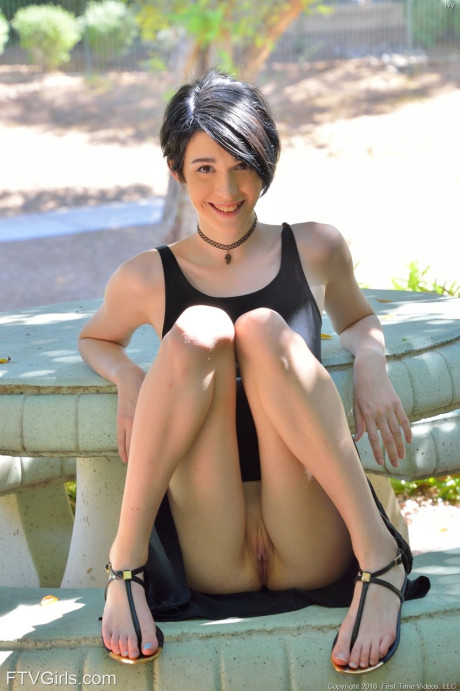Sweetie with small breasts Ivy sticks fruits in her shaved snatch in public