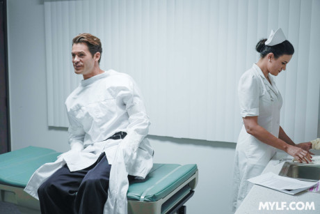 Slutty nurse Penny Barber rides a hung patient & gets her gigantic titties creamed