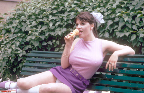 Fully clothed teenie from the 70s takes in London's sites before stripping naked