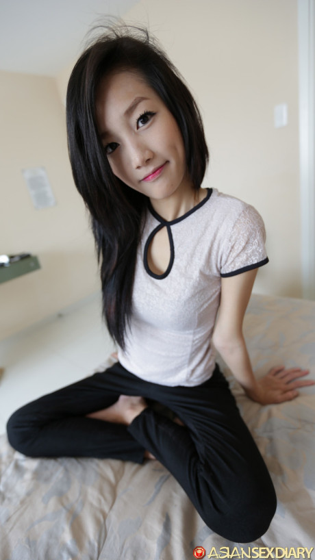 Asian whore GF woman Mi shows off her skinny body & gives a huge dong a POV ride