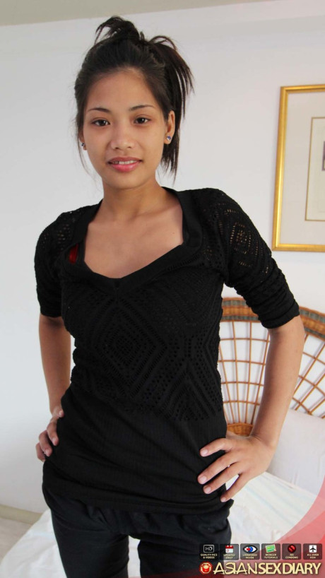 Skinny Filipino whore GF girl shows off her her bald snatch before jerking a sex tourist