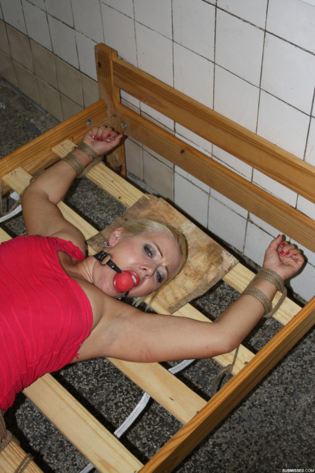 Poor blonde Veronica with nude pretty vagina tied up on strange bed