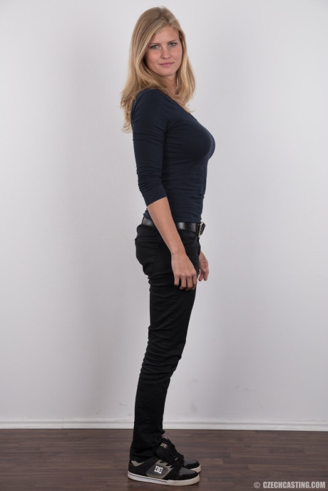 Gorgeous pretty blondy Adriana strips off her jeans to show her humongous saggy boobs