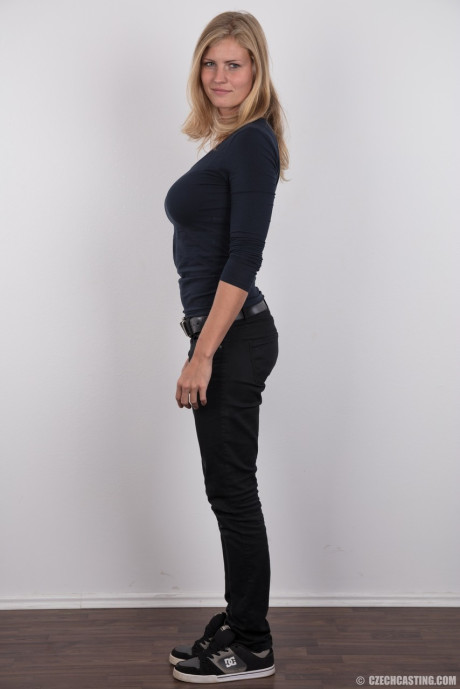 Gorgeous pretty blondy Adriana strips off her jeans to show her humongous saggy boobs