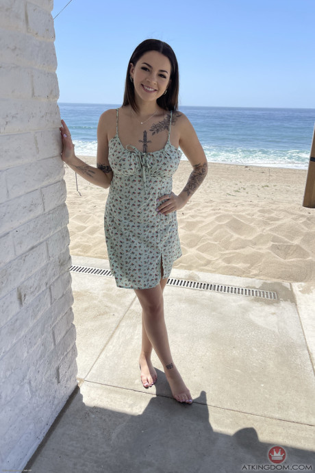 Young teen brunette Bella Luna displays her inviting trimmed cunt up close