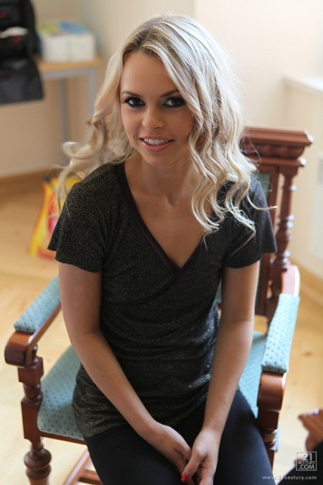 Slim blondy teenie Sabrinka gets double penetrated by two older males in suits