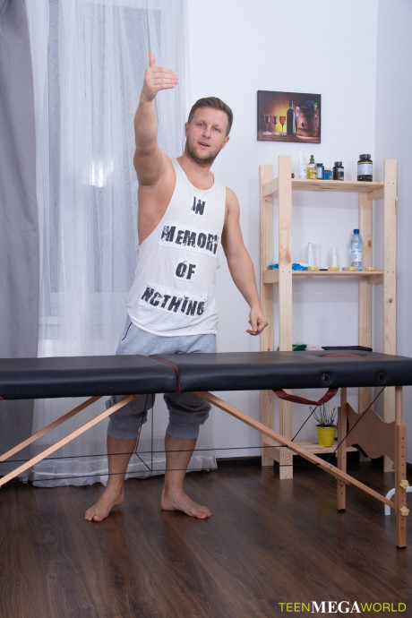 Pretty teenie with a slender figure Roxy Sky gets hammered on a massage table