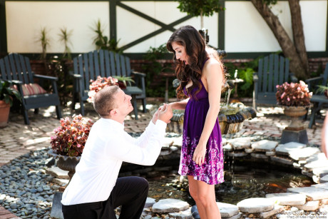 Clothed latina April O'neil kissing outdoors before wedding night fuck