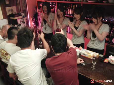 Brunette Japanese waitress Anna Kirishima and her coeds enjoy anal group sex