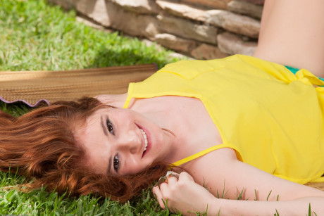 Fine young Ava Sparxxx strips nude & spreads her bushy cunt outdoors