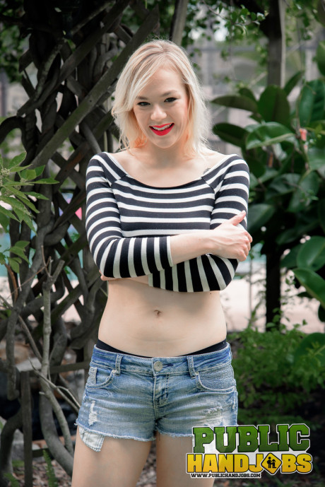 Blonde with red lipstick Rebecca Vanguard strips & massages a dong outside