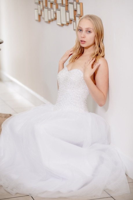 Petite blondie Braylin Bailey has sex while wearing her mother's wedding dress