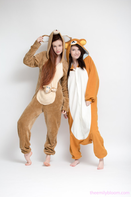 Charming fresh teen Emily and her pal doff their onsies to show hot asses naked