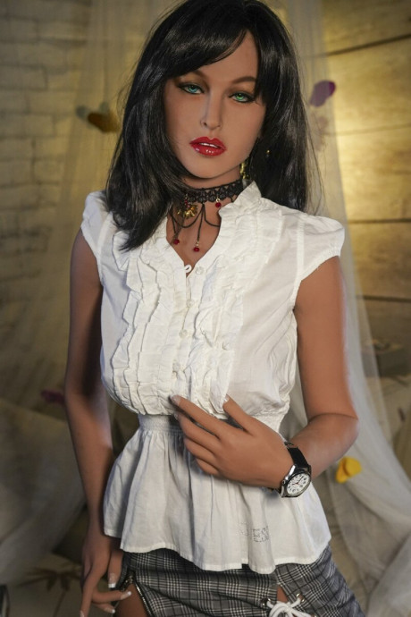 Brunette sex doll Cannelle shows her boobs & poses in her crotchless panties