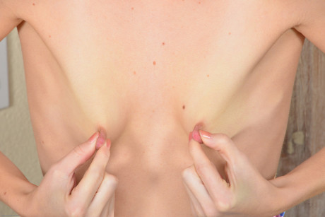 Thin babe Odette Delacroix flaunts her tiny titties & spreads her shaved twat