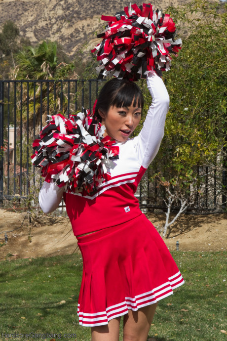 Oriental cheerleader with huge titties Gaia gets gangbanged by a group of strangers