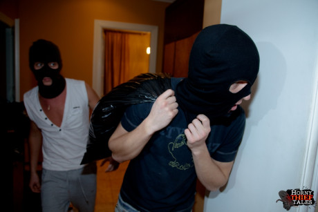Teenie Galine gets woken up, banged and facialed by two crazy thieves