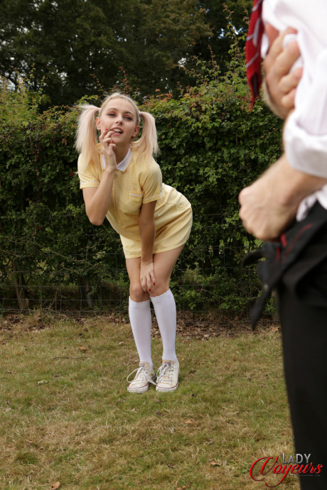 Sweet blondie Chloe Toy exposes her panties while a husband boyfriend guy jerks off
