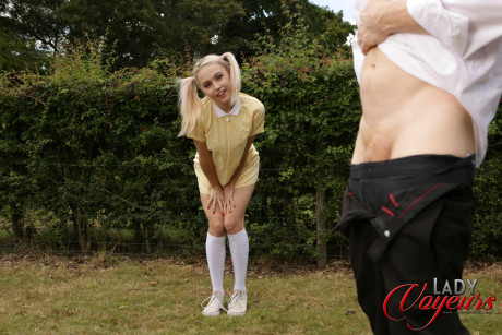 Sweet blondie Chloe Toy exposes her panties while a husband boyfriend guy jerks off