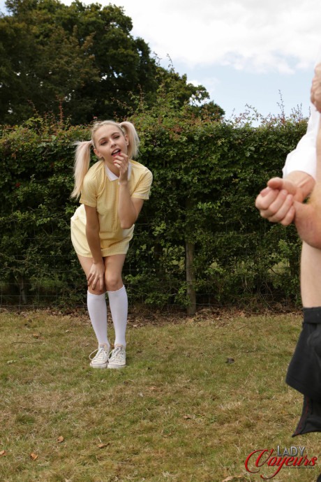 Sweet blondie Chloe Toy exposes her panties while a husband boyfriend guy jerks off