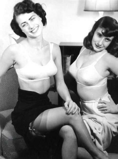 Lesbian women from the past get nude in pantyhose and garters