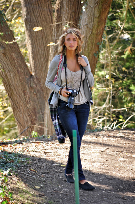 Dazzling yellow-haired Marilyn Winters flashing her gigantic titties while on vacation