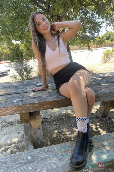 Skinny babe Macy Meadows shows her lickable trimmed cunt up close