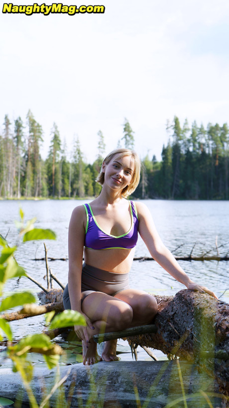 Blonde lady girl lady with small breasts Helen frees her juicy booty from a thong