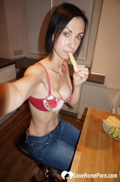 Thin MILF displaying her gigantic fake tits in her own selfie compilation