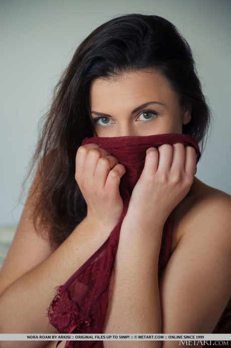 Beautiful gal, Nora Roam, reads a book on the sofa and once she catches your